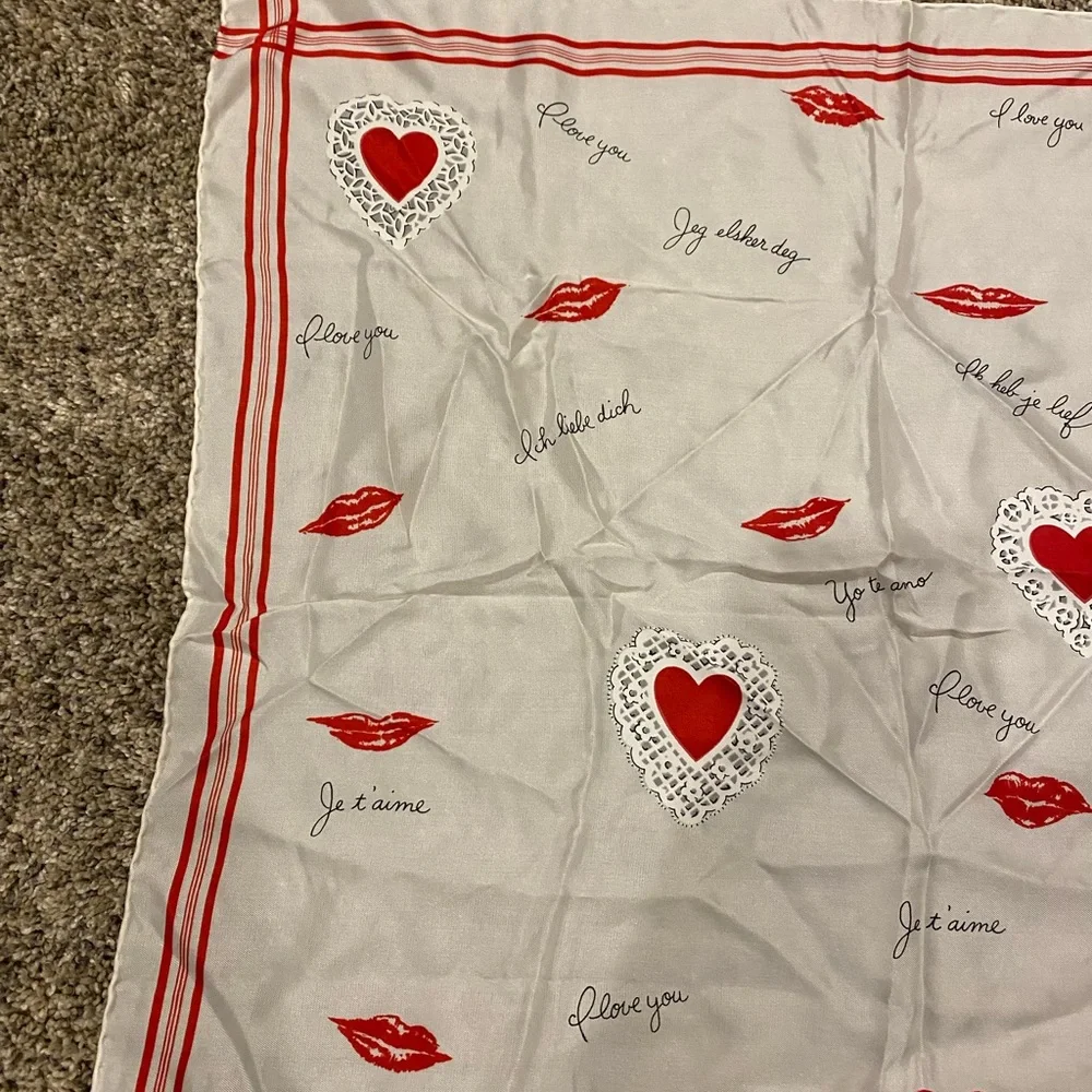 Heart & Lip Print Square Scarf - Red on Ivory - Picture 5 of 9